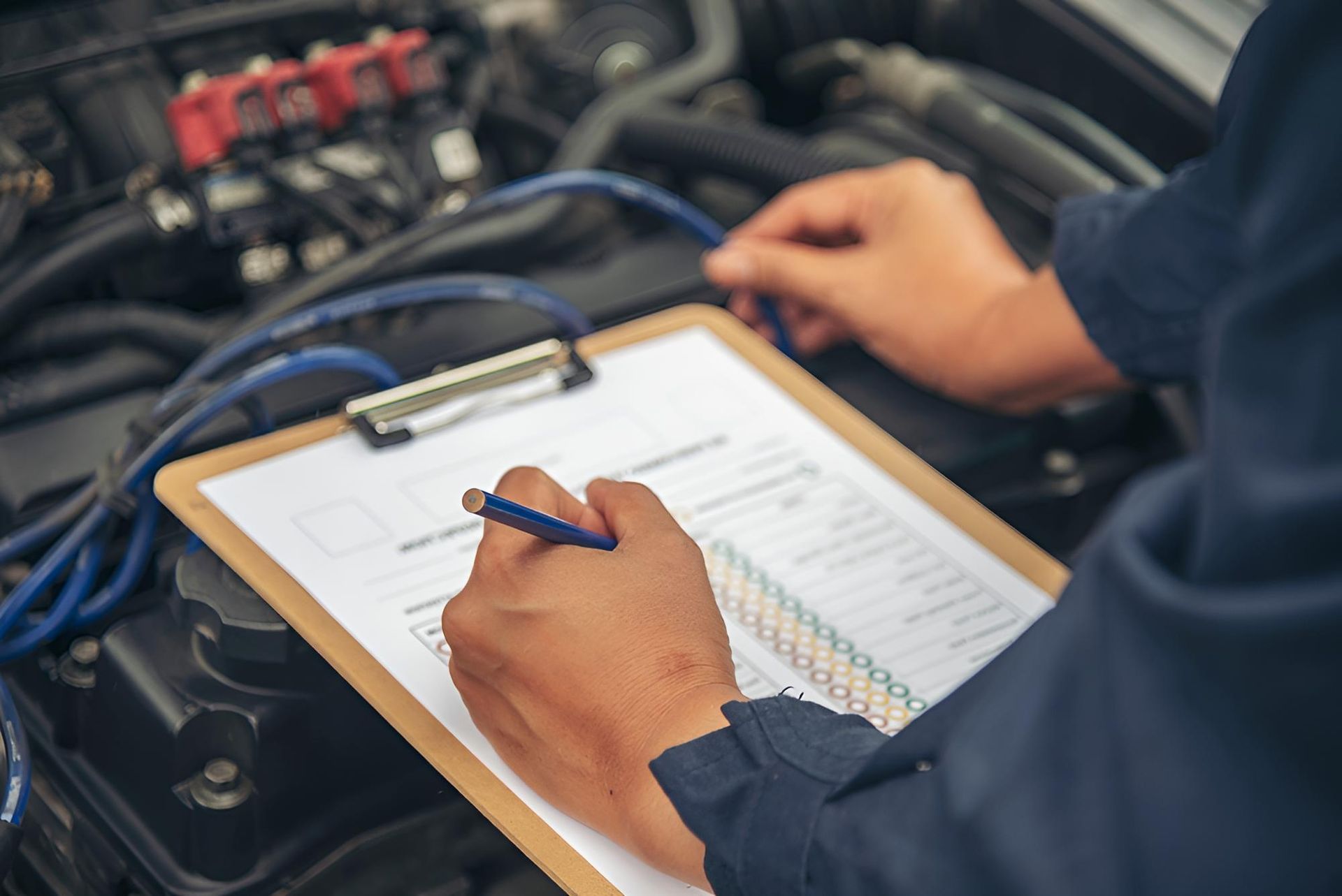 A Mechanic is Writing on a Clipboard While Working on a Car — Cessnock Batteries In Bellbird, NSW