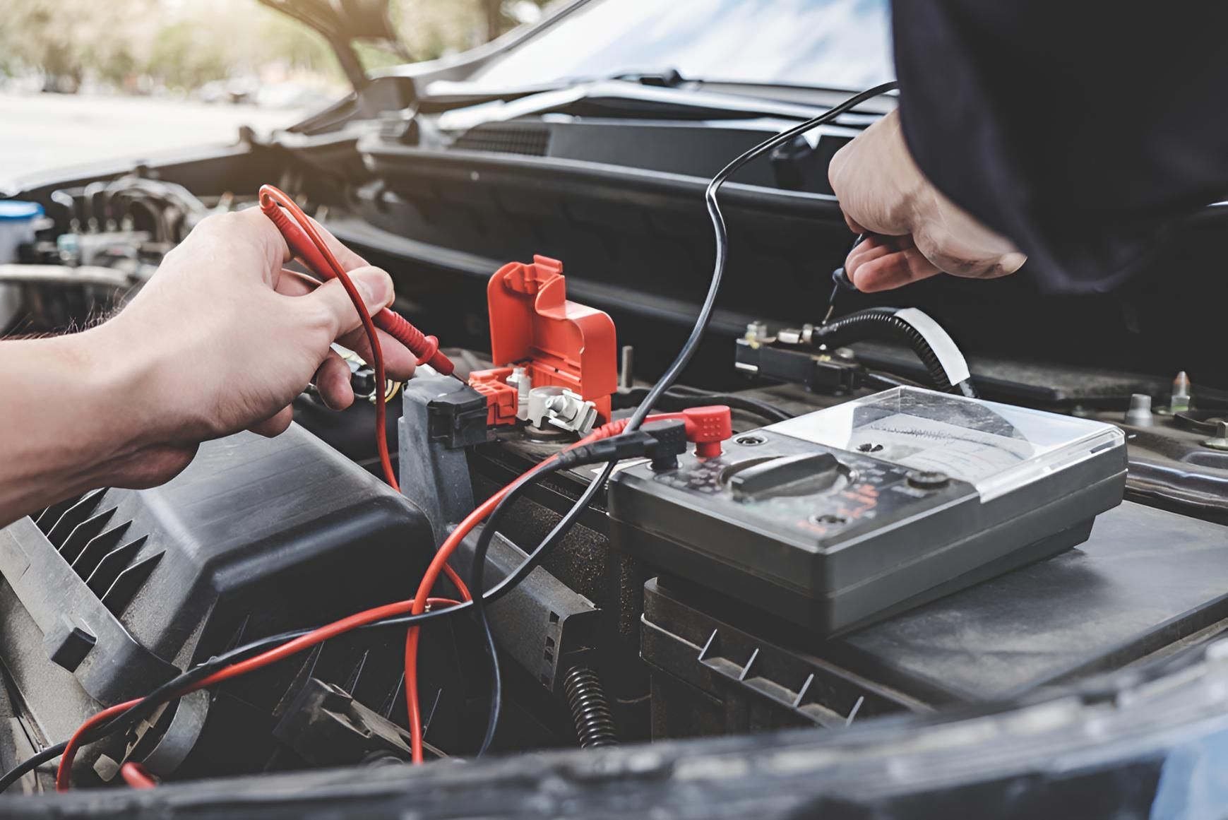 A Person is Working on a Car Battery With a Multimeter — Cessnock Batteries In Rutherford, NSW