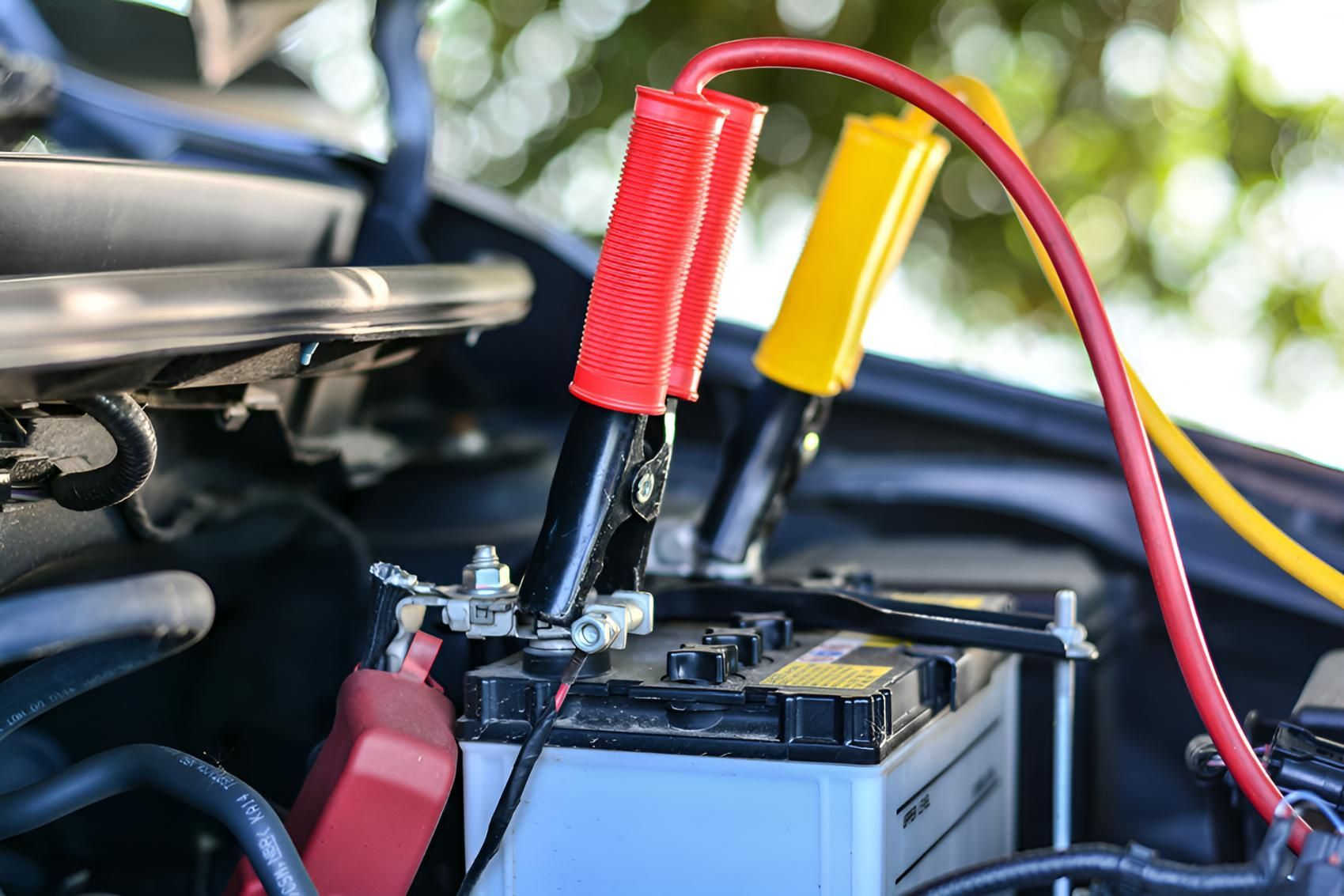 A Car Battery is Being Charged With Jumper Cables — Cessnock Batteries In Rutherford, NSW