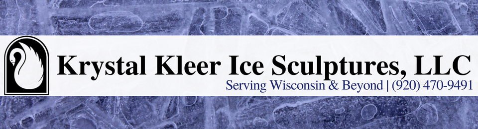 Logo for Krystal Kleer Ice Sculptures, LLC, with black text and a swan icon on a frosty blue background