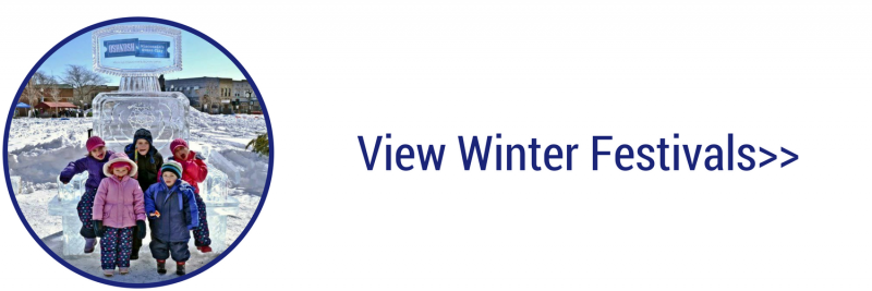 Five people in winter clothing standing in snow near a sign that reads “View Winter Festivals>>”