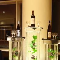Elegant wine bottles displayed on illuminated pedestal tables in a warm indoor setting