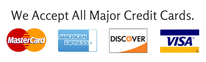Text: “We Accept All Major Credit Cards” with MasterCard, American Express, Discover, and Visa logos.