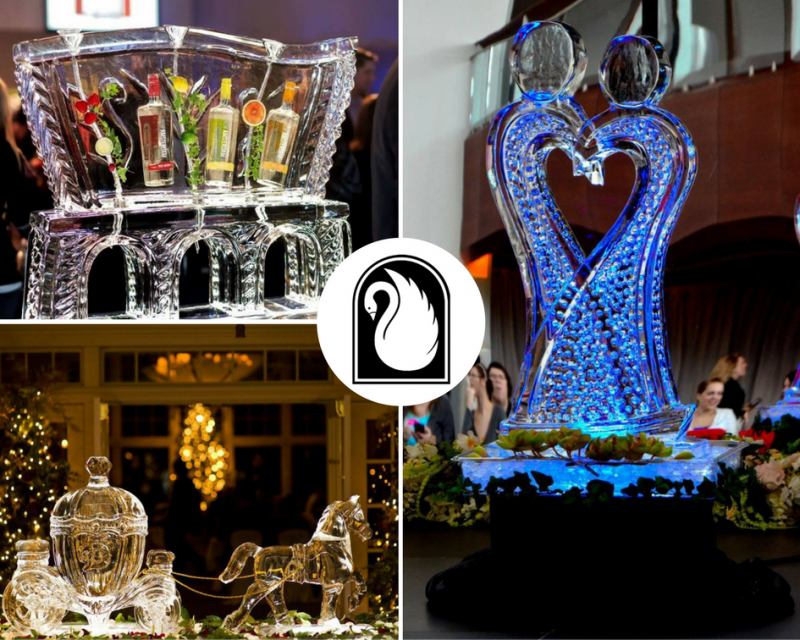 Collage of illuminated ice sculptures at night, including a blue heart-shaped display and clear decorative carvings