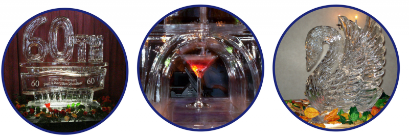 Three circular pictures of ice sculptures, one red and silver, one clear with a red center, one frosted with a bird design.