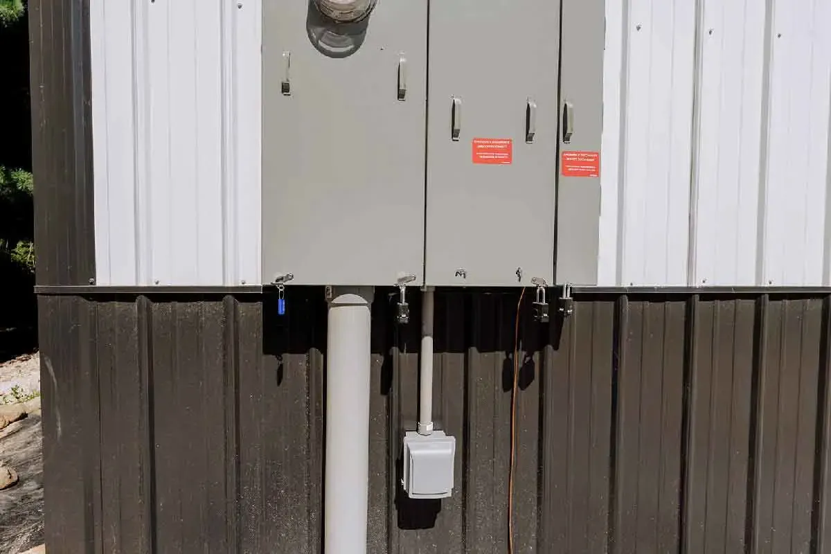 An electrical service panel with a meter and conduit mounted on a metal-sided building wall.