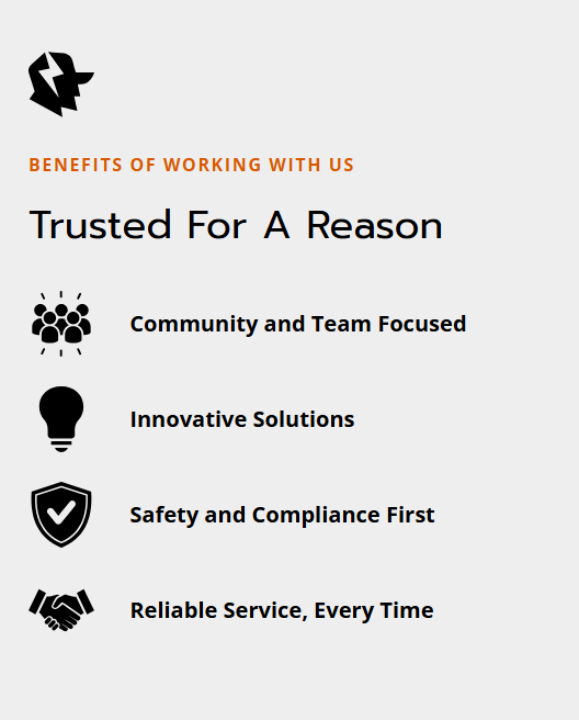 Business flyer listing benefits of working with them, including team focus and safety, with contact number 765-600-1420.