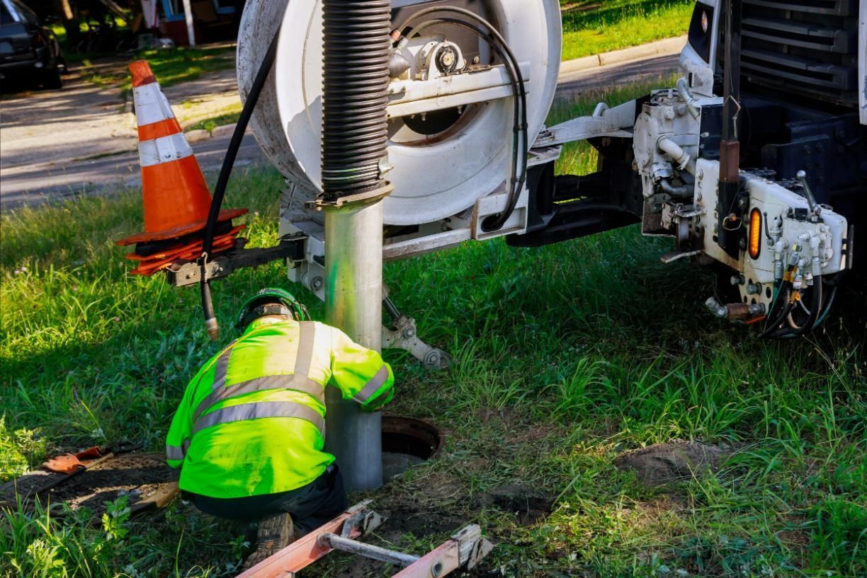 Utility worker in neon vest repairing an underground pipe beside a service truck and traffic cone
