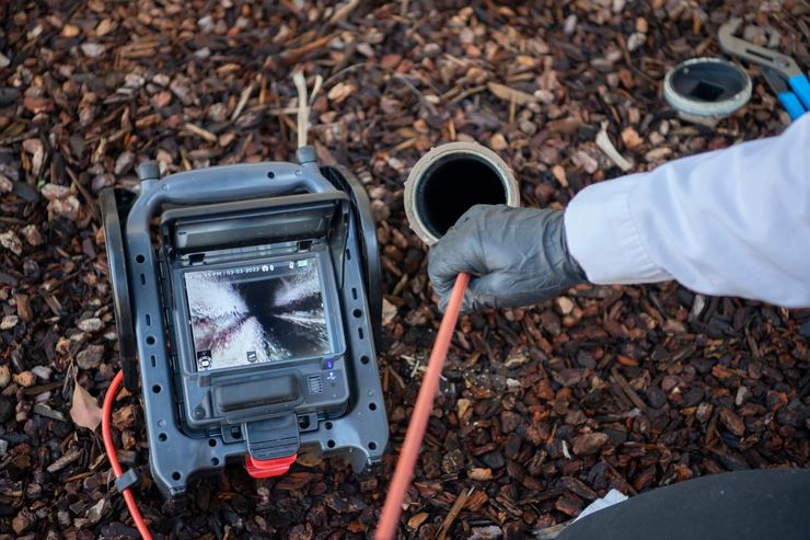Gloved worker inspecting a pipe with a red rod beside an open sewer drain
