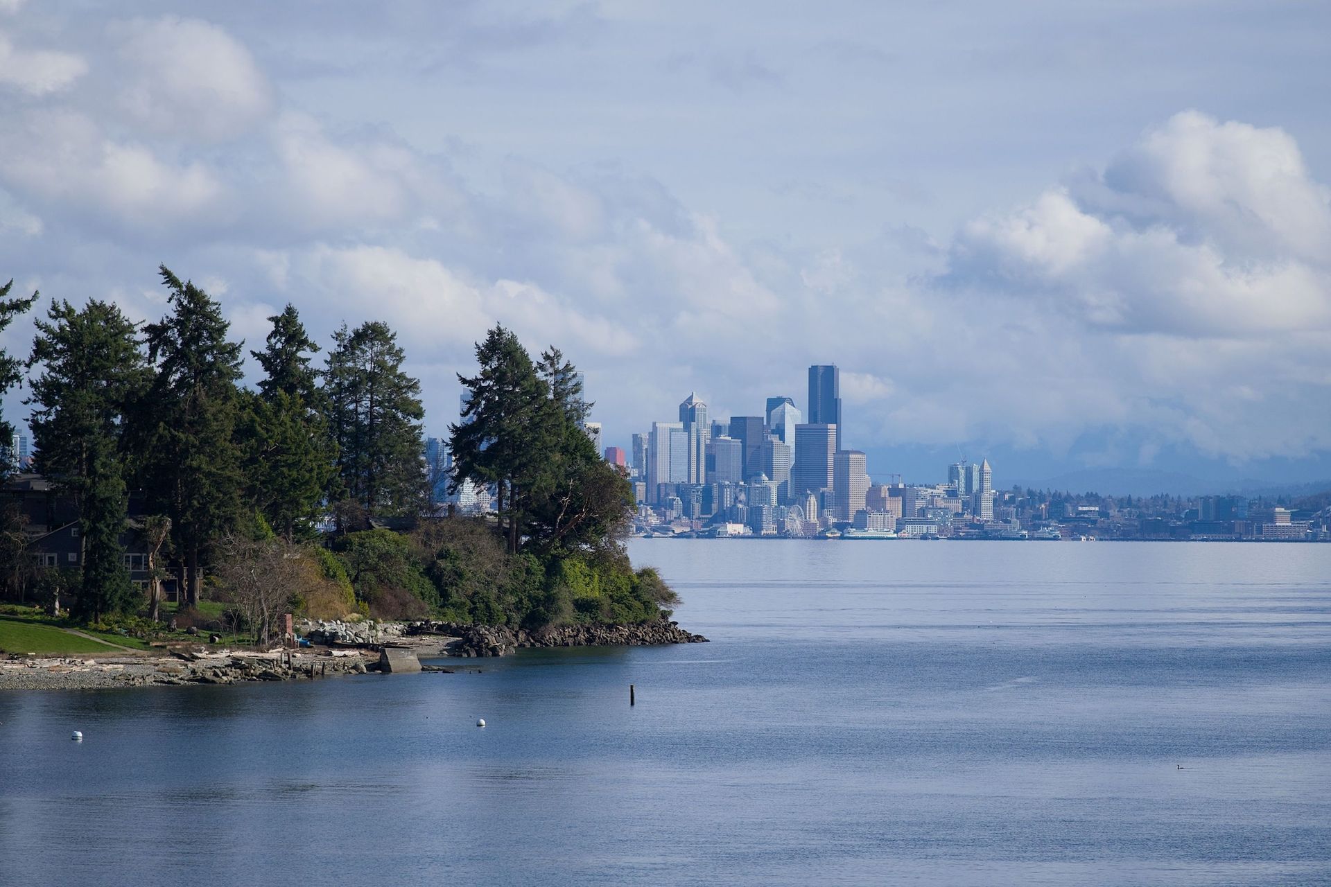 A scenic waterfront view showcasing evergreen shorelines and distant urban skyscrapers rising across calm blue water.