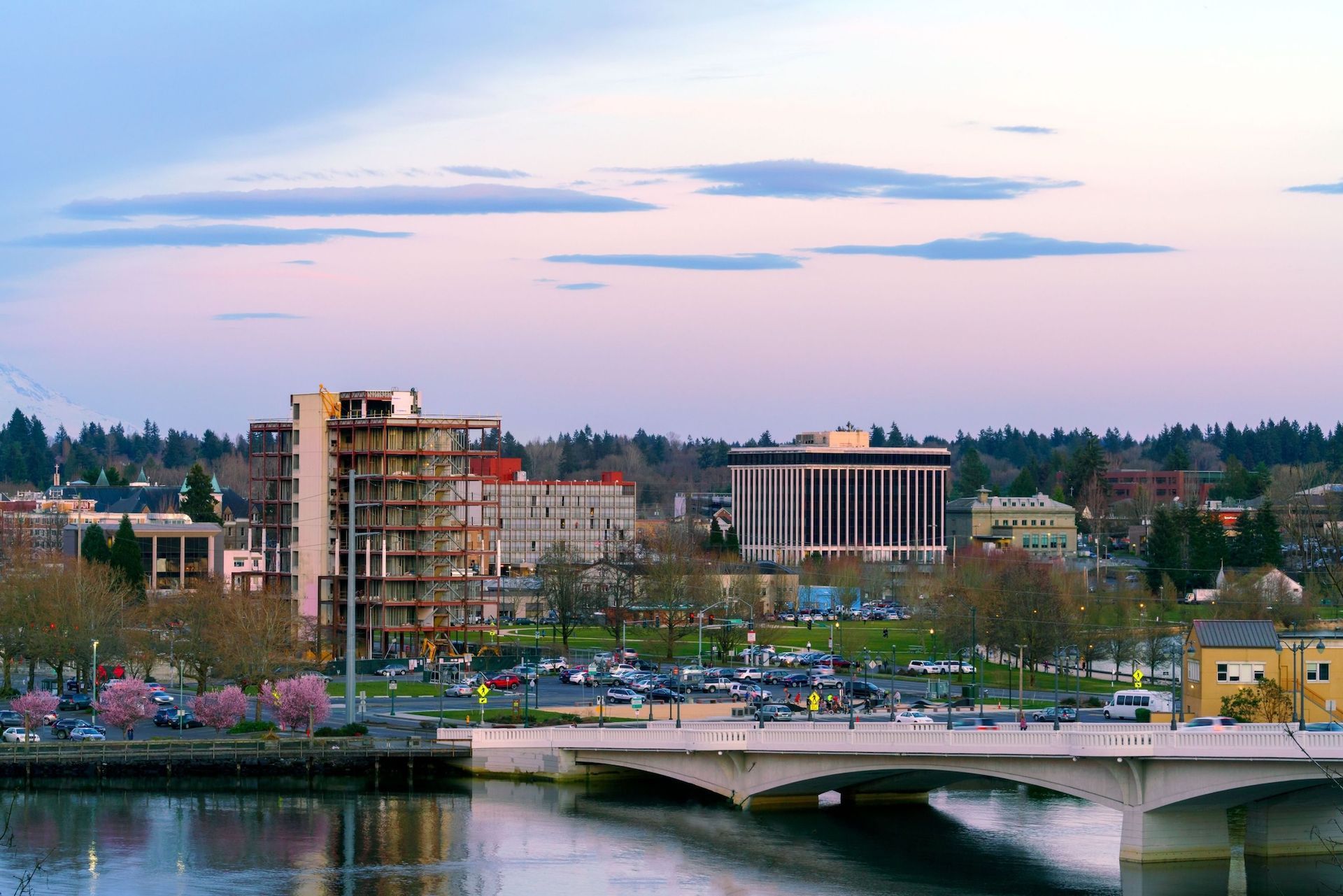 A picturesque city view featuring a bridge spanning a river, spring blooming trees, and buildings at twilight.