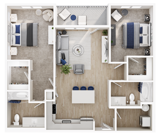 Top-down floor plan of a 4-bedroom apartment with central living area, kitchen, and two bathrooms.