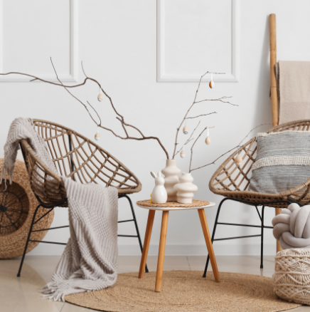 Two rattan chairs with cozy blankets face a small round table holding a vase with decorative twigs and a bunny figurine.