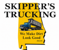 Skipper’s Trucking logo with blue dump truck and slogan, “We Make Dirt Look Good.”