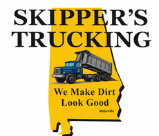 Skipper’s Trucking logo with blue dump truck and slogan, “We Make Dirt Look Good.”