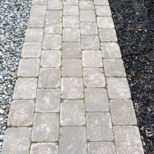 A stone paver walkway with light gray bricks bordered by gravel and dark mulch