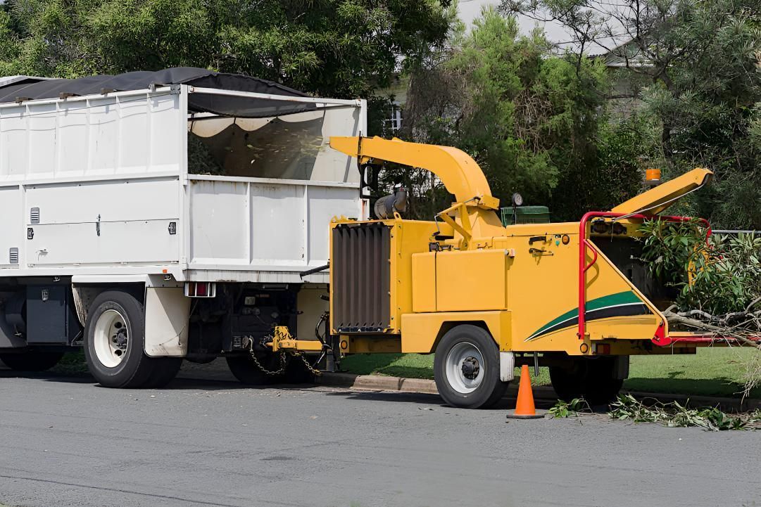 Yellow Wood Chipper Loading Shredded Wood Into a White Truck on a Residential Street — Boland Contracting In Wellington, NSW