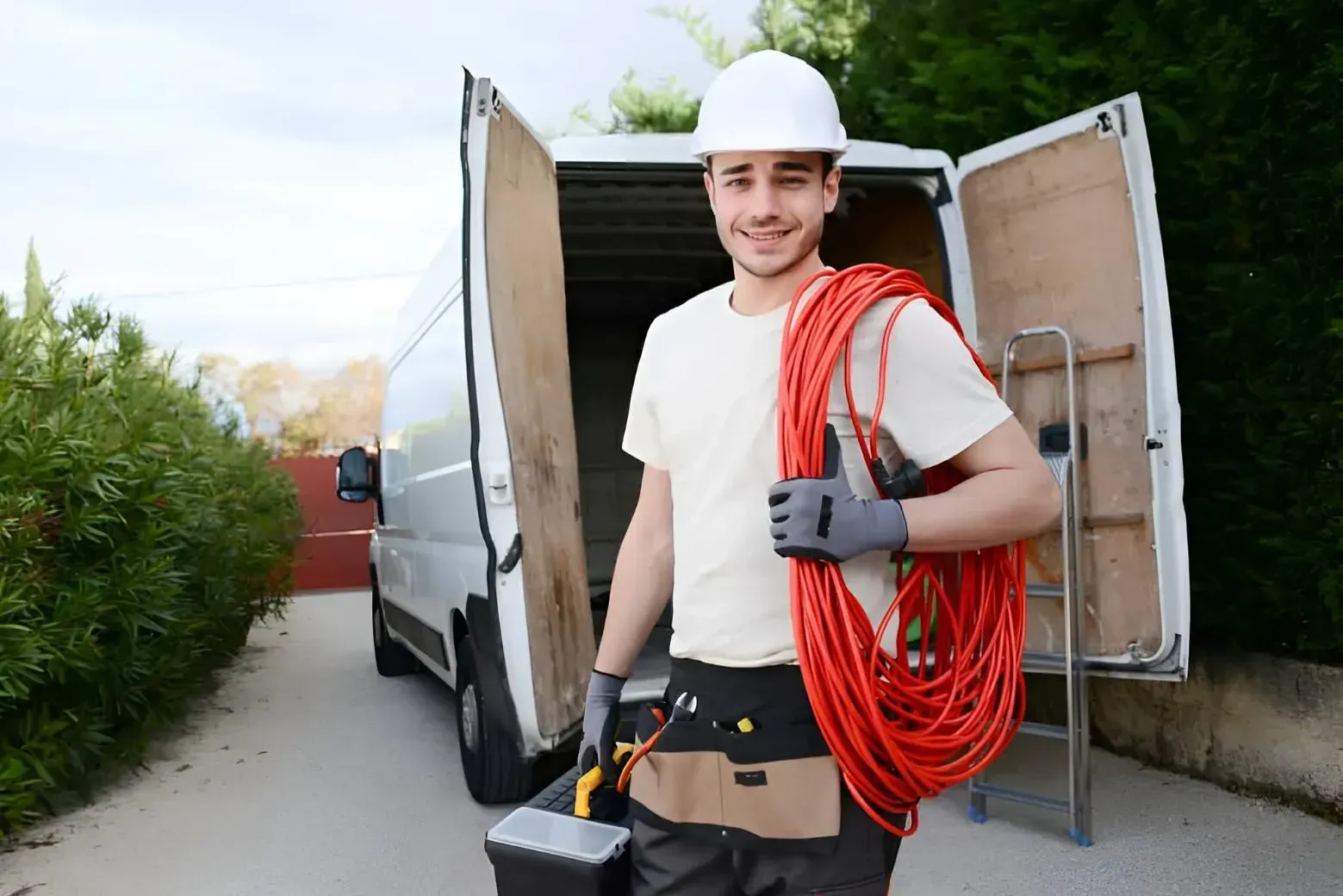 Smiling Electrician in a White Hard Hat, Standing Near an Open Work Van — Boland Contracting In Wellington, NSW
