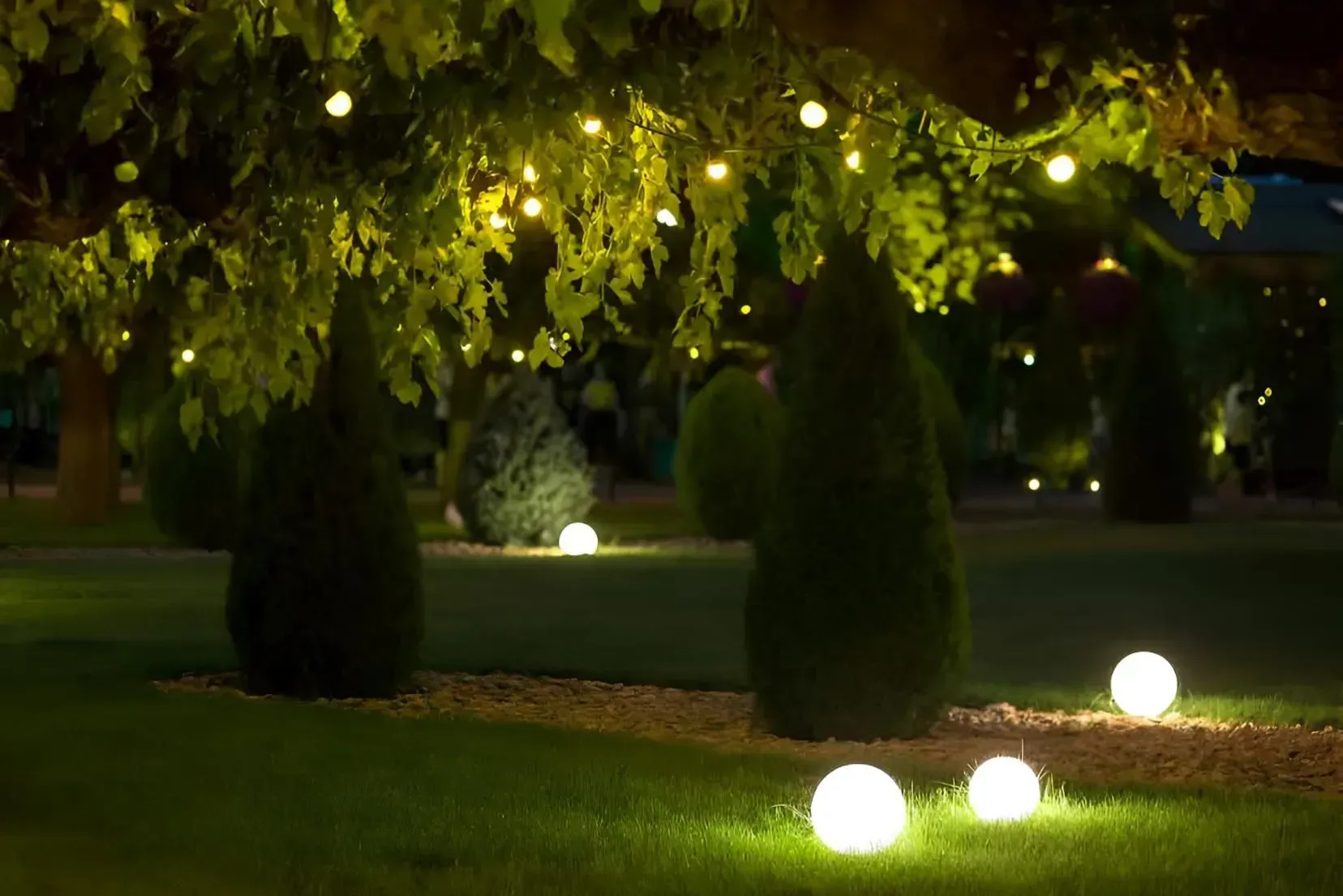 Illuminated by String Lights in Tree and Glowing Orbs on Lush Garden at Night — Boland Contracting In Wellington, NSW