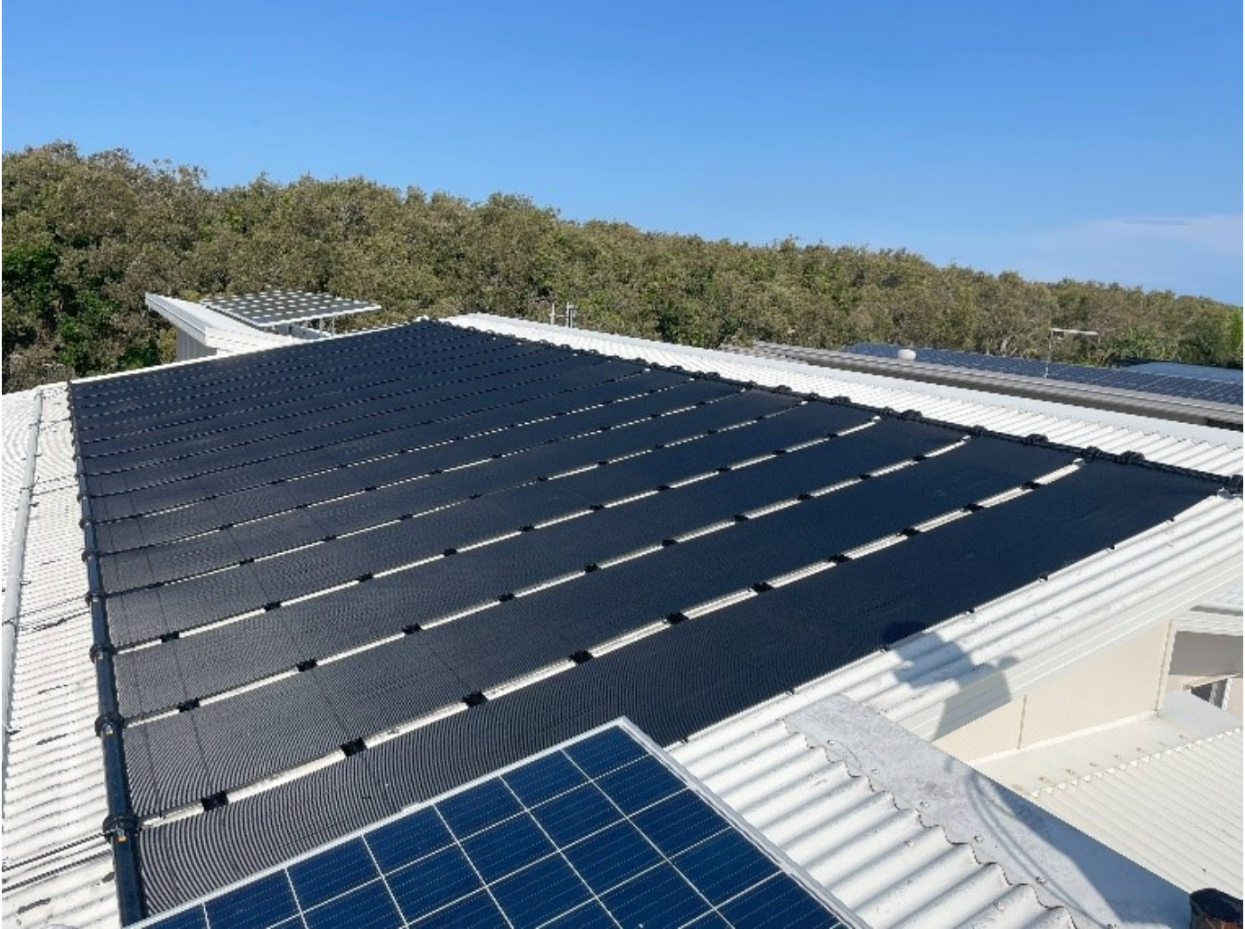 Rooftop Solar Panel Array With Dark Panels Under a Clear Blue Sky, Surrounded by Trees — Bromage Pool Heating in Coolum, QLD