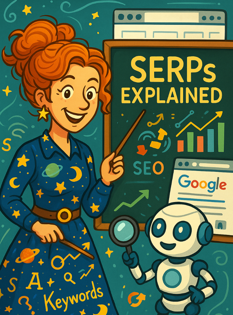 Ms. Frizzle-style teacher explaining SERPs, keywords, and Google rankings.
