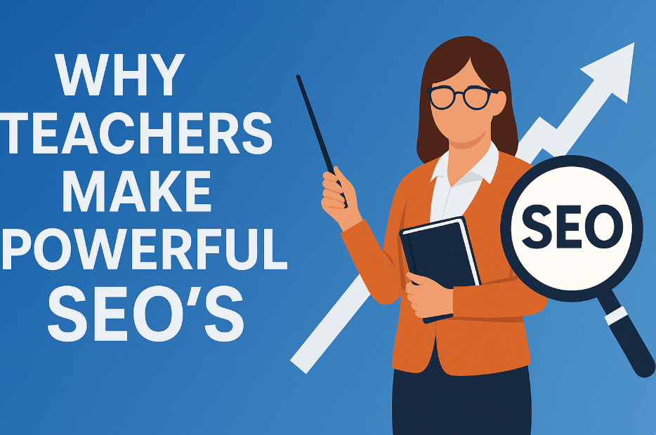 A teacher holding a book and a magnifying glass teaching SEO.