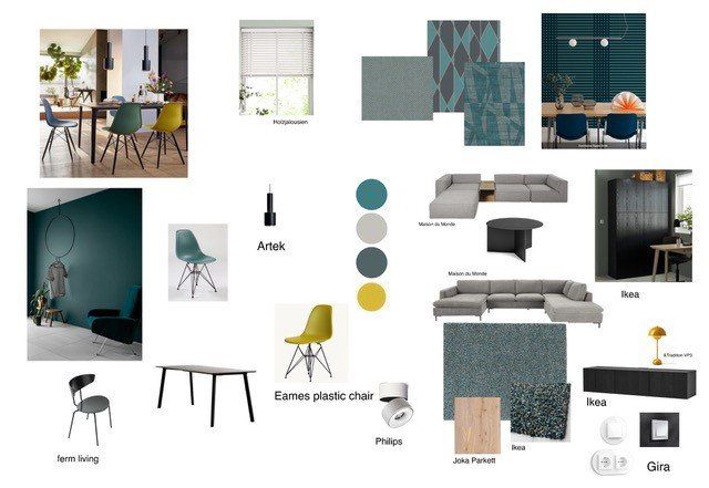 Eine Collage aus Bildern von Möbeln und einem Sofa