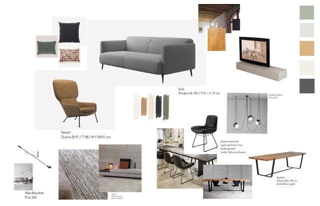 Eine Collage aus Bildern von Möbeln, darunter ein Sofa, ein Sessel, ein Tisch und ein Fernseher.