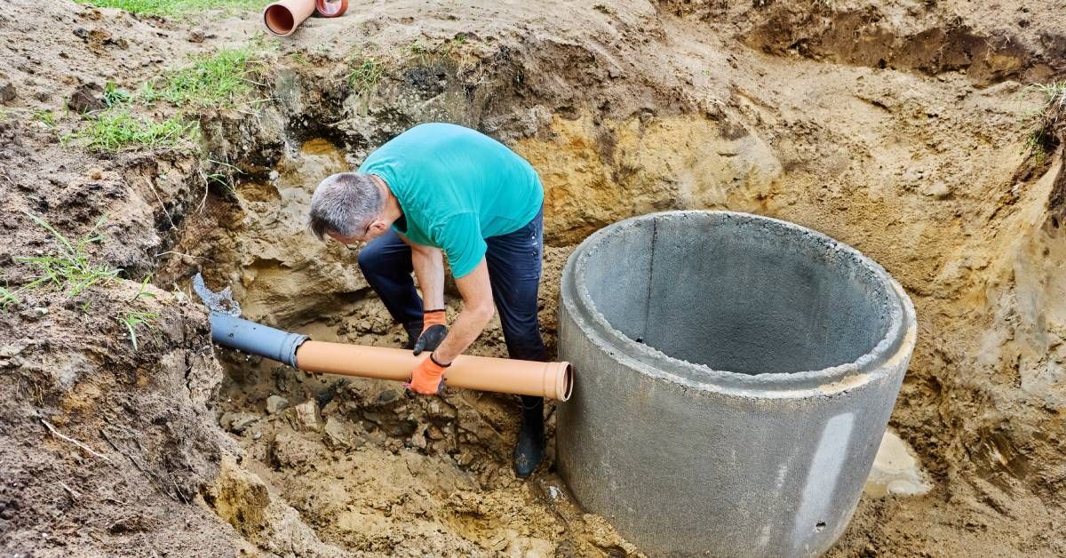 A man in a green shirt holding a pipe near an open septic system. The man is wearing orange gloves.
