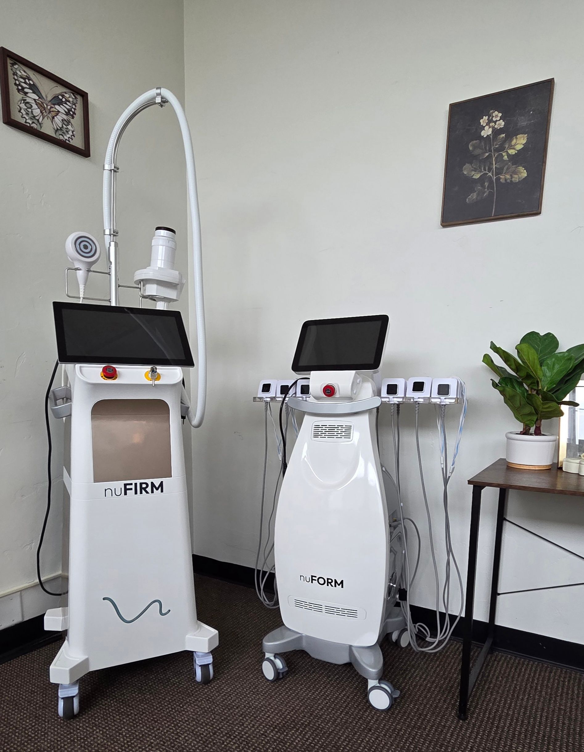 Two professional aesthetic laser machines with touchscreens and cables stand on a carpeted floor in a white-walled room.