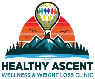 Logo for Healthy Ascent Wellness & Weight Loss Clinic featuring a hot air balloon over mountains, trees, and water.