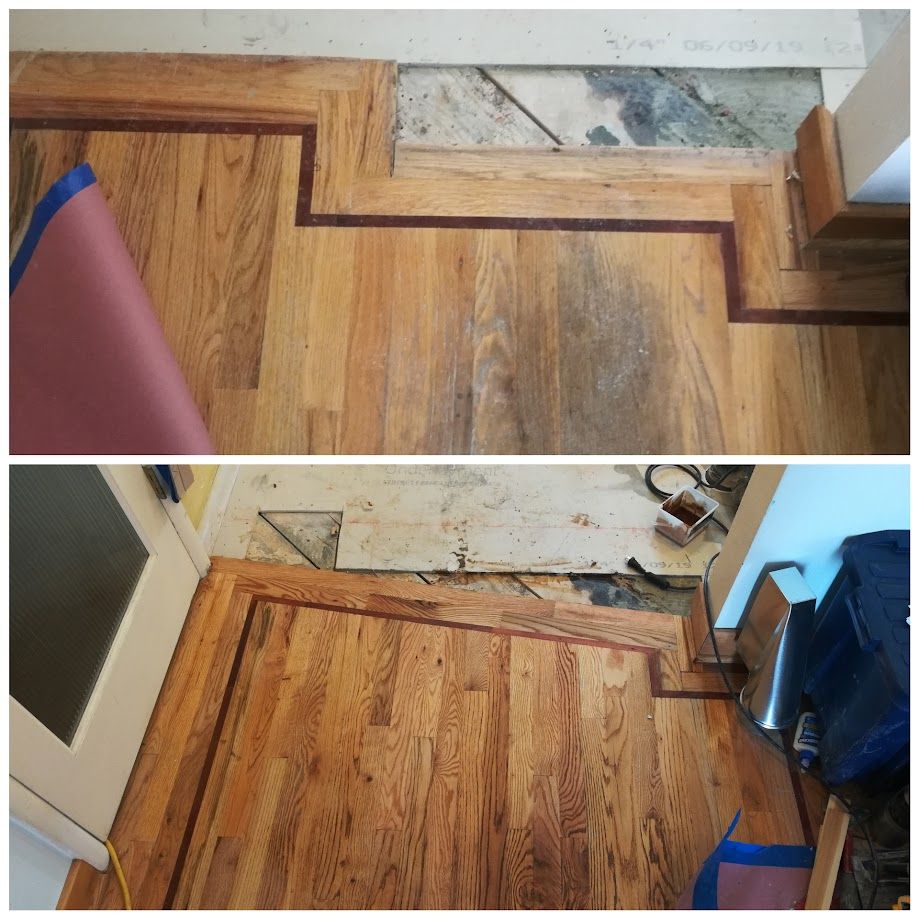Two photos showing a hardwood floor transition with a dark border strip next to an unfinished floor area.