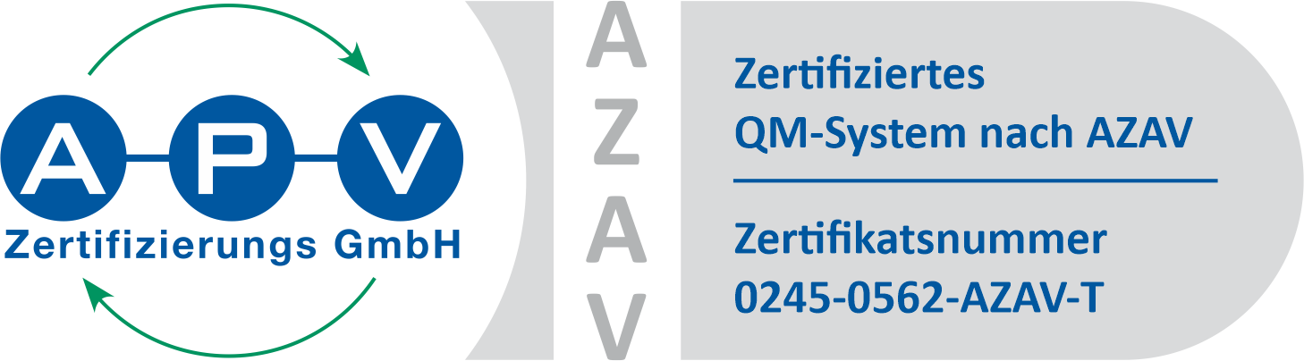Zertifiziertes QM-System nach AZAV
Zertifiziert durch APV Zertifizierungs GmbH