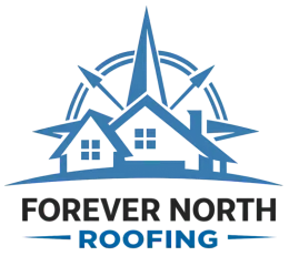 Forever North Roofing logo with blue house, roof, and compass design on white background