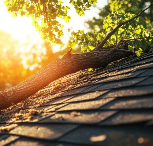 Worker on a roof above a brick house, wearing a helmet and crouching near a dormer window.
