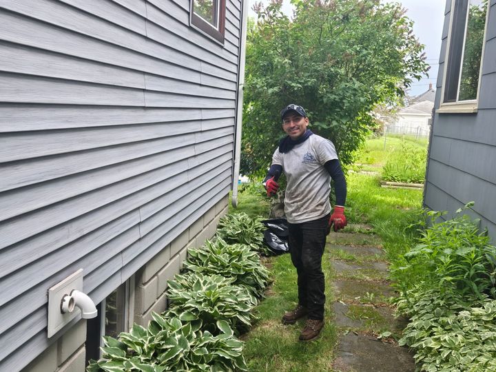 Person standing between two houses in a narrow, overgrown side yard, holding a red bottle.