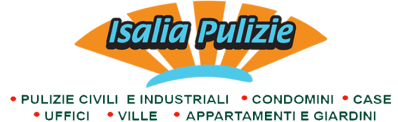 Logo per Isalia Pulizie, caratterizzato da una forma a ventaglio azzurra simile a un sole sopra un elenco di servizi di pulizia in italiano.