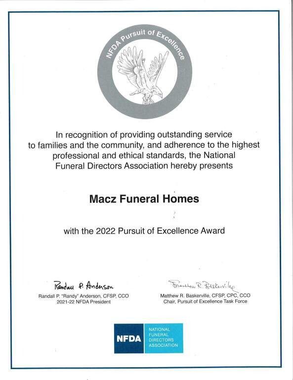 Certificate for Macz Funeral Homes: 2022 Pursuit of Excellence Award from the National Funeral Directors Association.