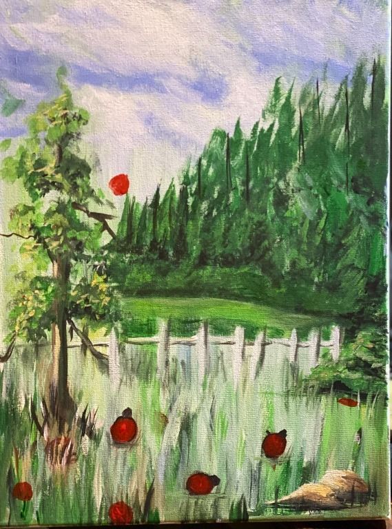 Field with white fence, red flowers, tree, green grass, and forest under cloudy sky.