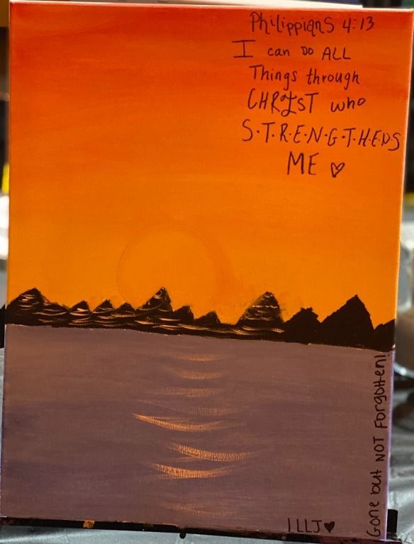 Painting of a sunset over water with text: 