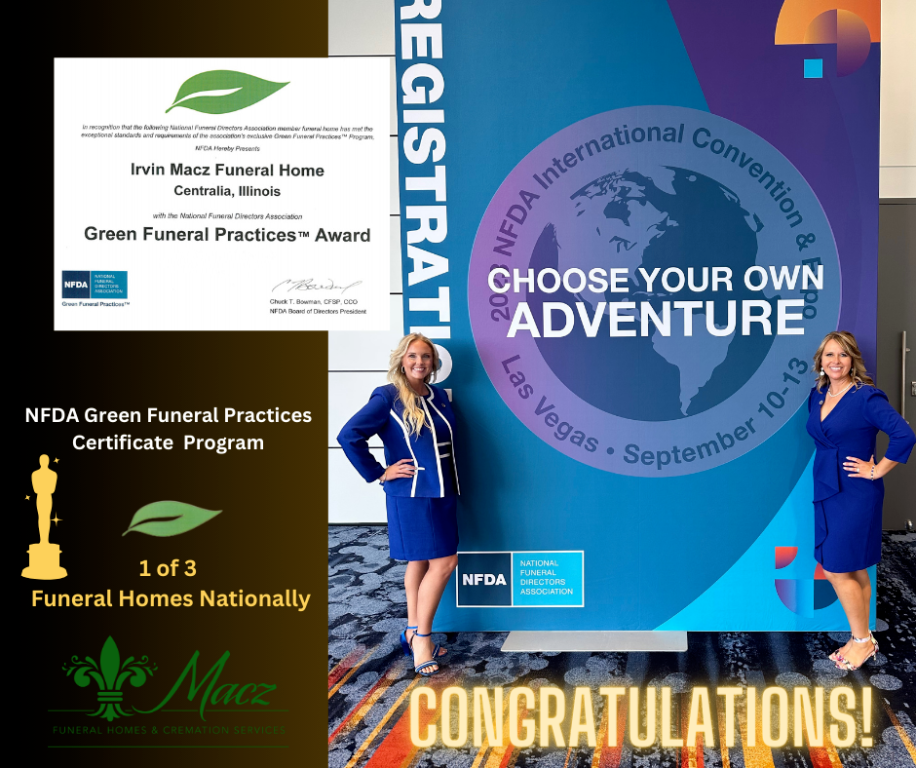 Two women pose by a convention banner. One holds a certificate for