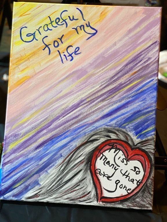 Painting: Grateful for my life, heart with “I miss so many that are gone.” Abstract background, colors.