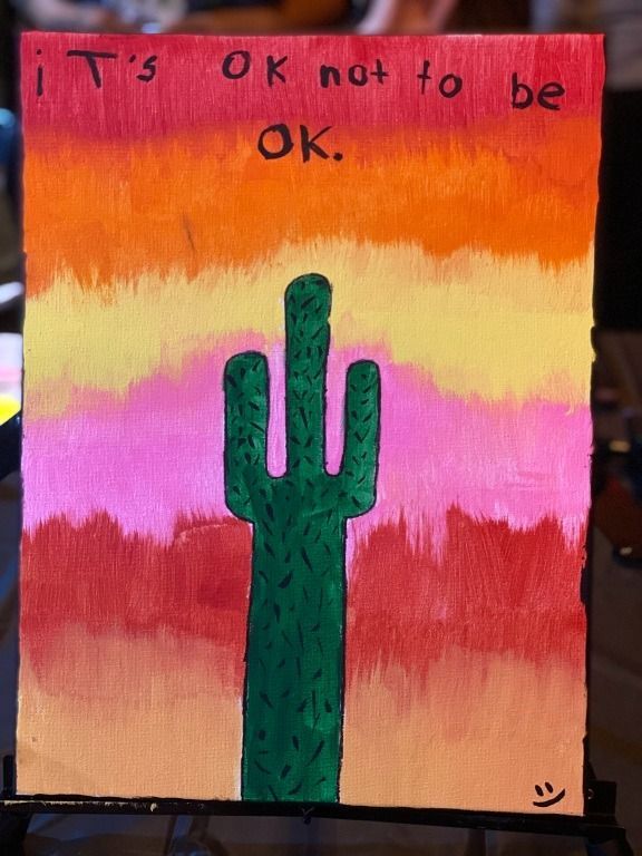 Painting with green cactus on pink and orange background, text reads 