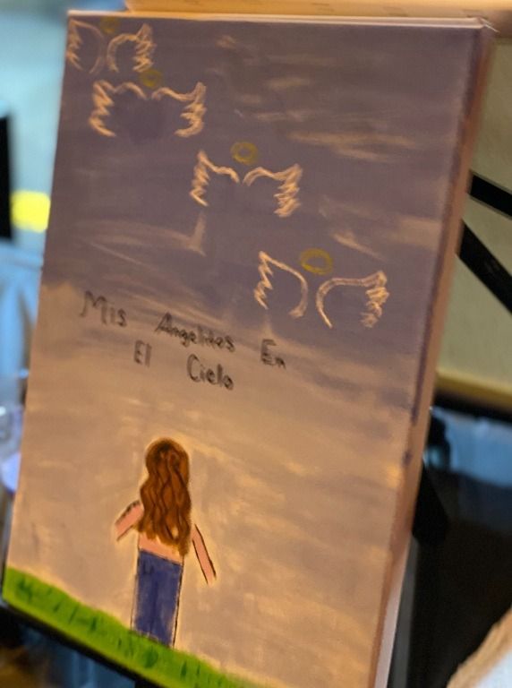 Painting of a person looking up at angels in the sky with text 