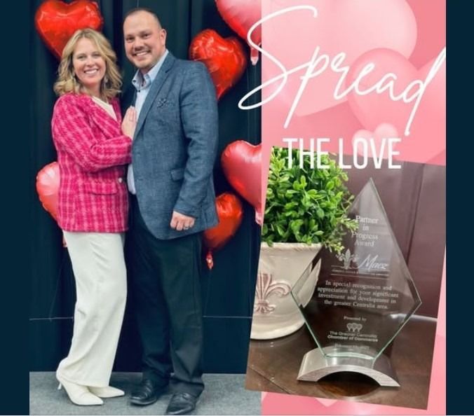 Couple posing; text says