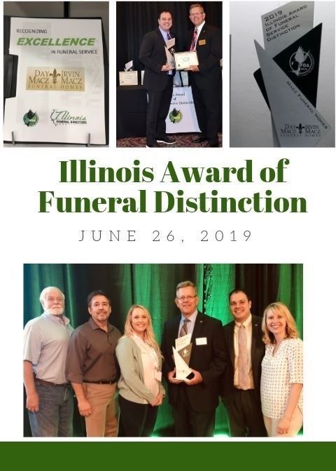 Illinois Award of Funeral Distinction: People holding awards. Award logo with cross. Text: June 26, 2019.