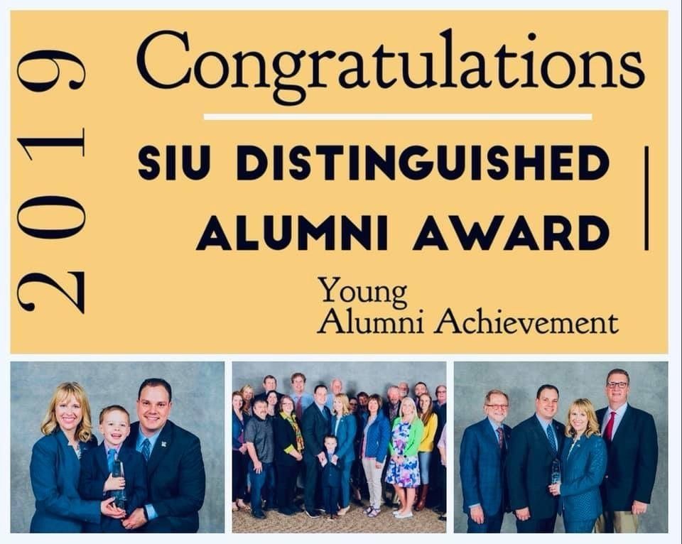 2019 SIU Distinguished Alumni Award. Text on yellow background, photos of people in suits. Award is for Young Alumni Achievement.
