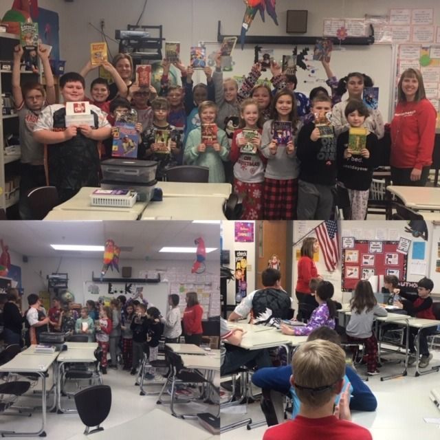Children in pajamas holding books in a classroom, celebrating reading with a teacher.