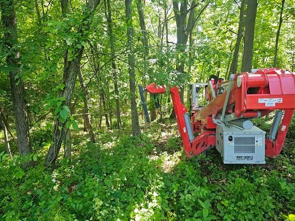 A red and white machine is sitting in the middle of a forest.