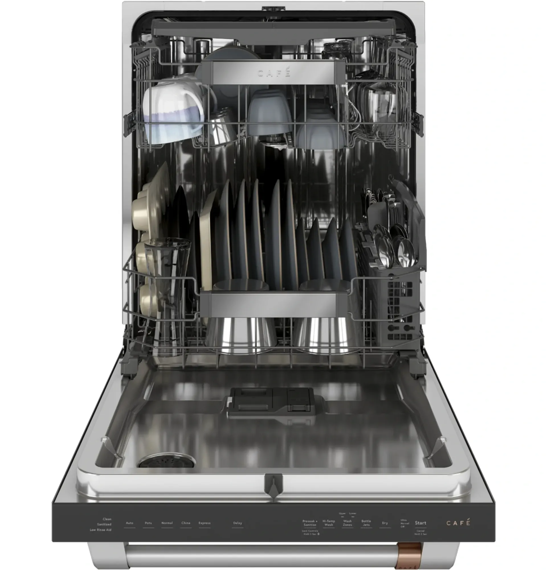 A dishwasher with its door open and filled with dishes and utensils.